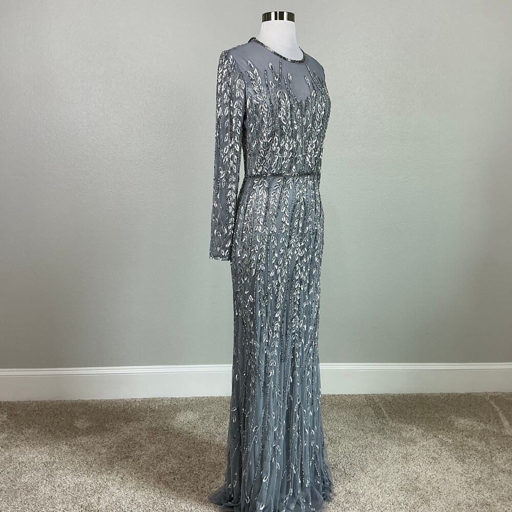 Mac Duggal 5461 Sequined Long Sleeve Column Evening Gown Silver Size 10 Dress - Picture 3 of 12
